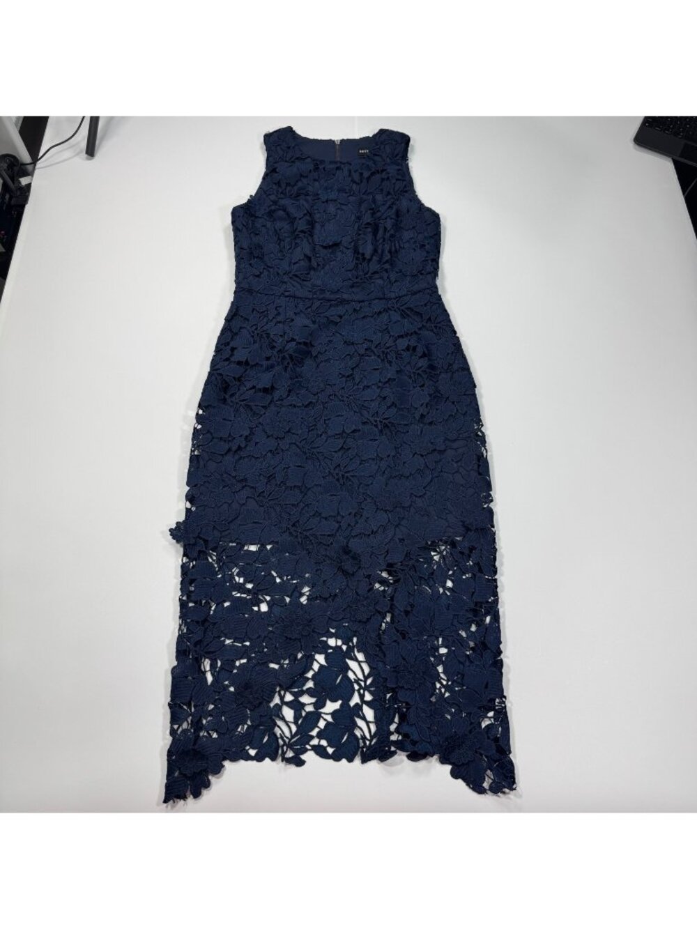 Betsy & Adam Midi Dress Women's 6 Blue Floral Polyester Sheath Lined Lace Party